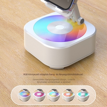 Telefon tartó Bluetooth hangszóróval és három az egyben zenekomponens, forgatható asztali tartó; 5W, Bluetooth 5.3, beépített 1200–2000mAh akkumulátor, 100Hz–20kHz, SNR ≥70dB