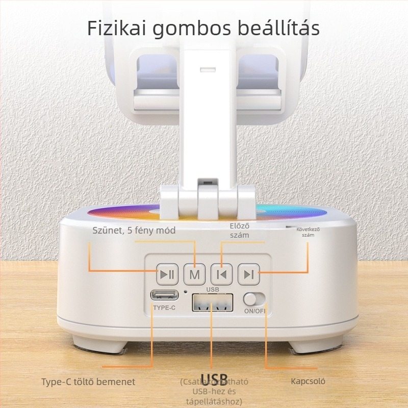Telefon tartó Bluetooth hangszóróval és három az egyben zenekomponens, forgatható asztali tartó; 5W, Bluetooth 5.3, beépített 1200–2000mAh akkumulátor, 100Hz–20kHz, SNR ≥70dB