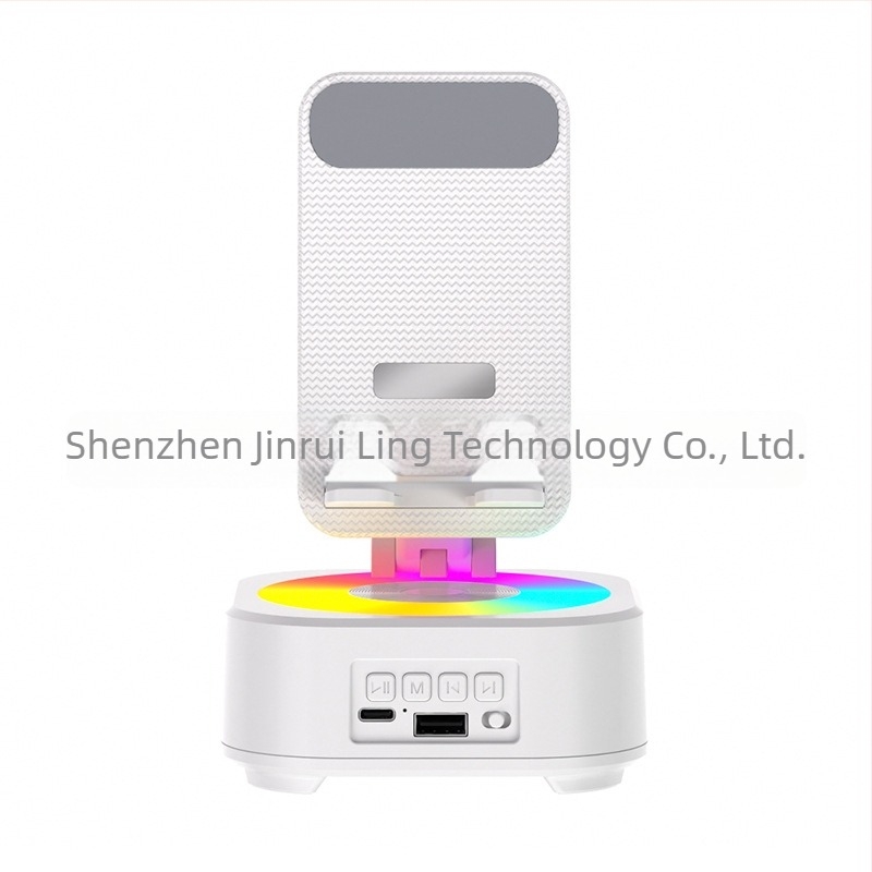 Telefon tartó Bluetooth hangszóróval és három az egyben zenekomponens, forgatható asztali tartó; 5W, Bluetooth 5.3, beépített 1200–2000mAh akkumulátor, 100Hz–20kHz, SNR ≥70dB