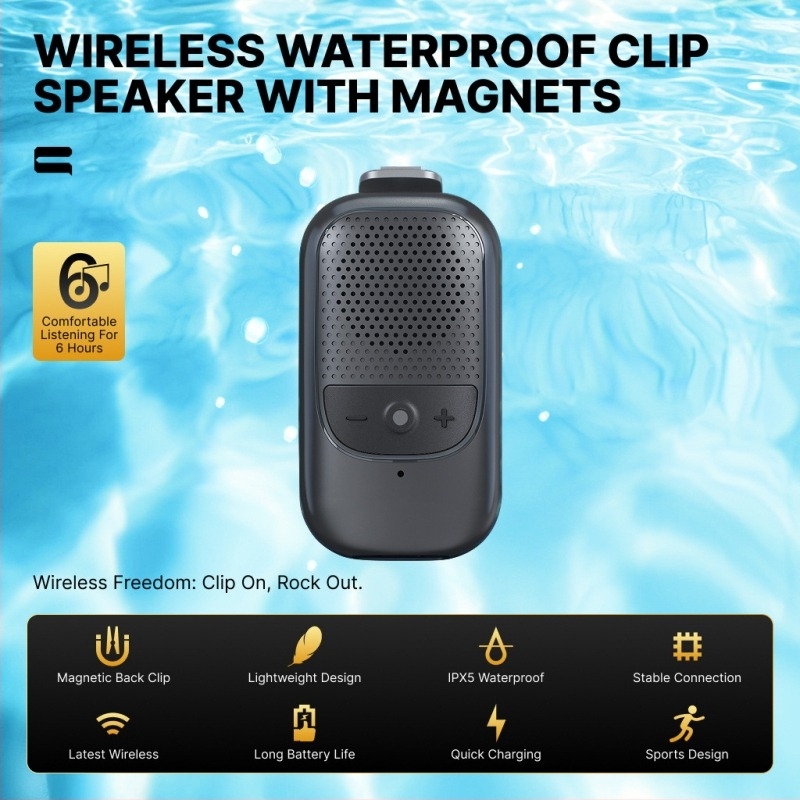 Kültéri hordozható Bluetooth hangszóró beépített mikrofonnal, IPX5 vízálló, Bluetooth 5.3, 10 m hatótáv, frekvenciatartomány 100 Hz–20 kHz