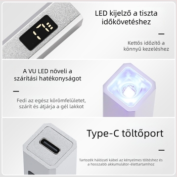 Körömlakk-gyógyító lámpa, kézi, kompakt; modell: kézi egyvonalas lámpa; hazai márka; licencelhető magánmárkák: igen; alkalmas általános használatra