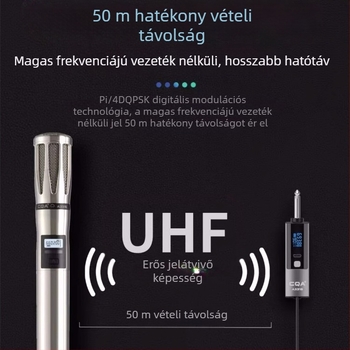 Vezeték nélküli professzionális mikrofon CQA3317/3318 — élő adásra tervezve, beépített 4000–6000 mAh-s akkumulátor, frekvenciaválasz 60 Hz–15 kHz