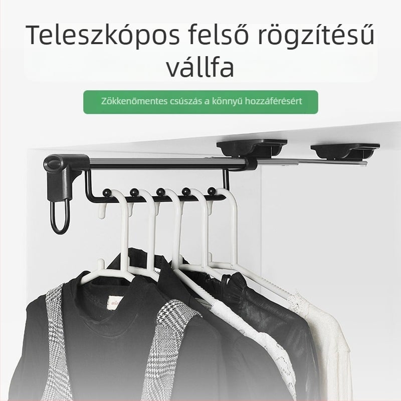 Felsőrögzítésű teleszkópos ruhafogas, gardróbsín egyetlen rúddal és kihúzható nadrágpolccal