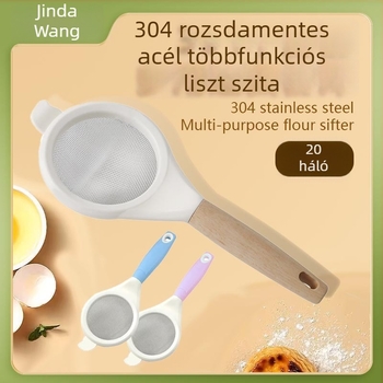 Liszteszítő rozsdamentes acélból, fa nyéllel, szűrőhálóval, modern dizájnnal