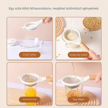 Liszteszítő rozsdamentes acélból, fa nyéllel, szűrőhálóval, modern dizájnnal