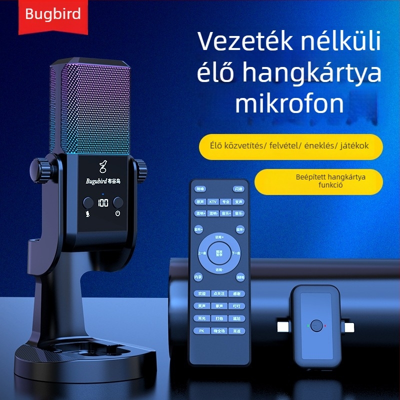 Élő közvetítésre szánt mikrofon hangkártya készlettel – vezeték nélküli, 2,1 csatornás, 100 Hz–20 kHz, SNR ≥95 dB, beépített 1000–1200 mAh akkumulátor