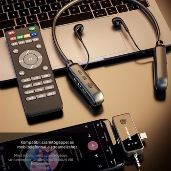 Vezeték nélküli hangkártya élő közvetítéshez – mindent egyben headset-mikrofon távirányítóval, zajcsökkentés, Bluetooth 5.0, nyakpántos sztereó, 8+ óra üzemidő