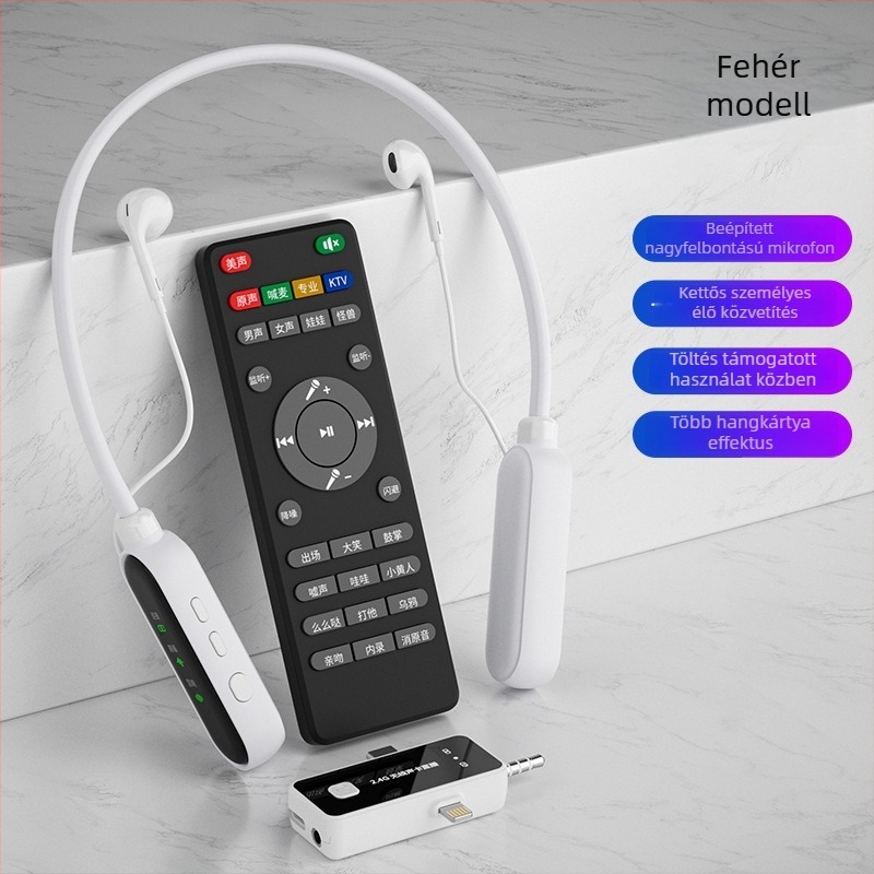 Vezeték nélküli hangkártya élő közvetítéshez – mindent egyben headset-mikrofon távirányítóval, zajcsökkentés, Bluetooth 5.0, nyakpántos sztereó, 8+ óra üzemidő