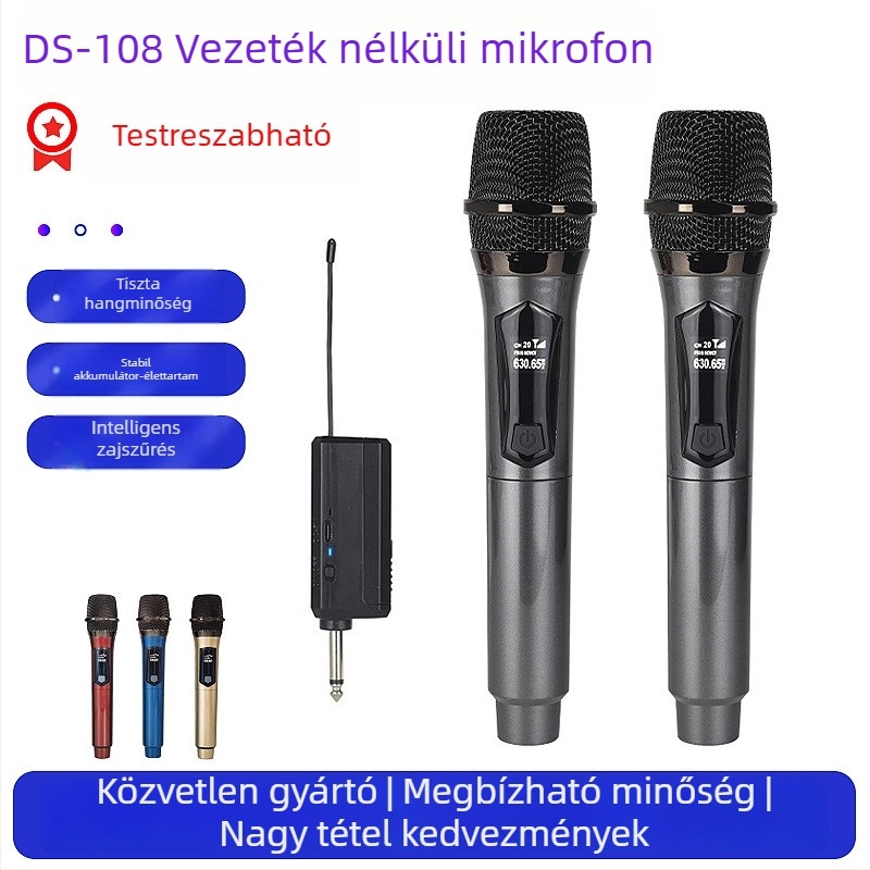 Vezeték nélküli mikrofon 2,4 GHz a színpadra | omnidirikcionális mikrofon, beépített hangkártya, 300–500 mAh akkumulátor, 6–8 óra üzemidő