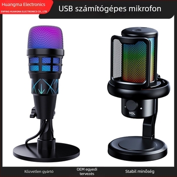USB kondenzátoros számítógépes mikrofon intelligens zajcsökkentéssel, asztali RGB világítással, felvételre, karaoke-hoz és játékhoz
