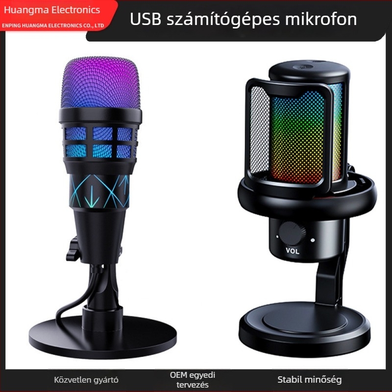 USB kondenzátoros számítógépes mikrofon intelligens zajcsökkentéssel, asztali RGB világítással, felvételre, karaoke-hoz és játékhoz