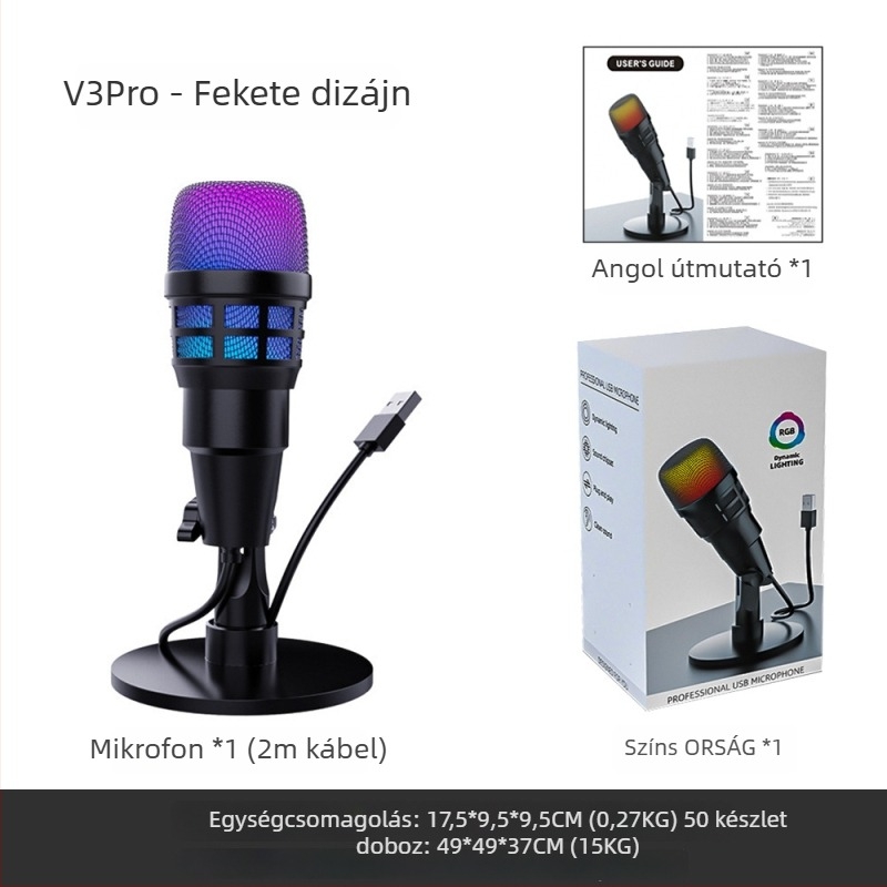 USB kondenzátoros számítógépes mikrofon intelligens zajcsökkentéssel, asztali RGB világítással, felvételre, karaoke-hoz és játékhoz