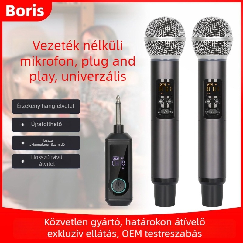 Vezeték nélküli kézi mikrofon kettős vevővel és hangkártyával otthoni KTV-hez, színpadra és karaoke-hoz