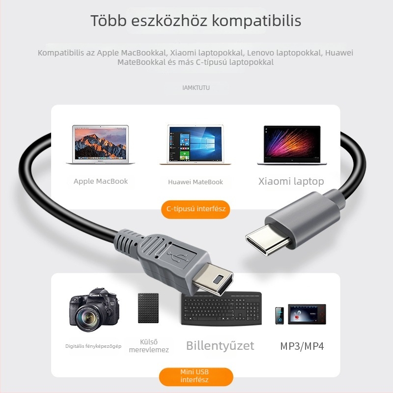 Type-C–ről Mini USB adatkábel, T-porttal, mobiltelefonokhoz, DSLR fényképezőgépekhez és hordozható merevlemezekhez, régi interfész