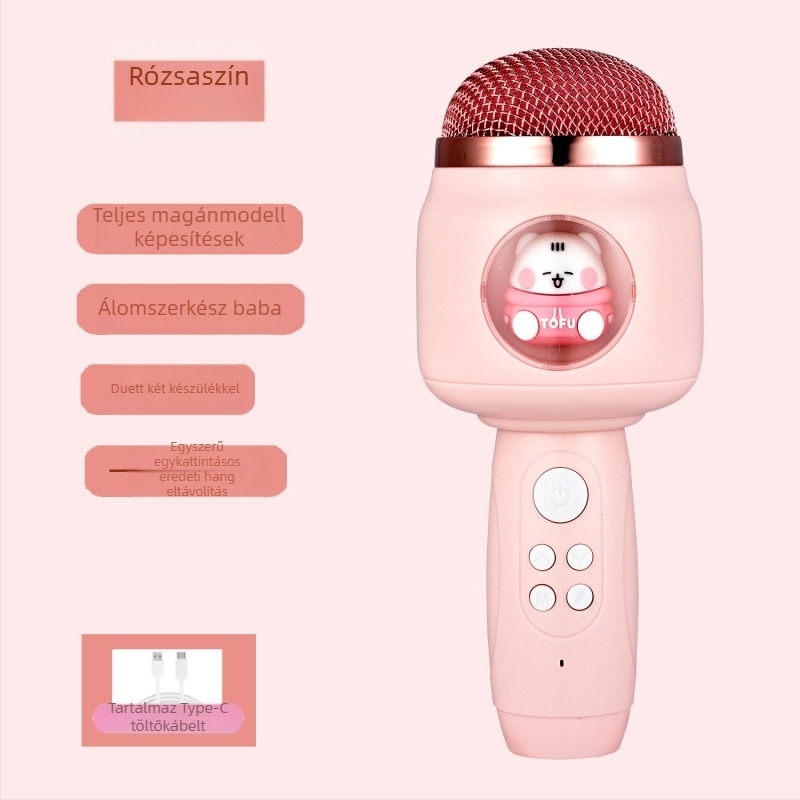 Gyermekeknek szánt vezeték nélküli mikrofon beépített hangszóróval, modell F812, Bluetooth 5.3, 1200–2000mAh akkumulátor, üzemidő 3–6 óra, frekvenciaválasz 100Hz–20kHz