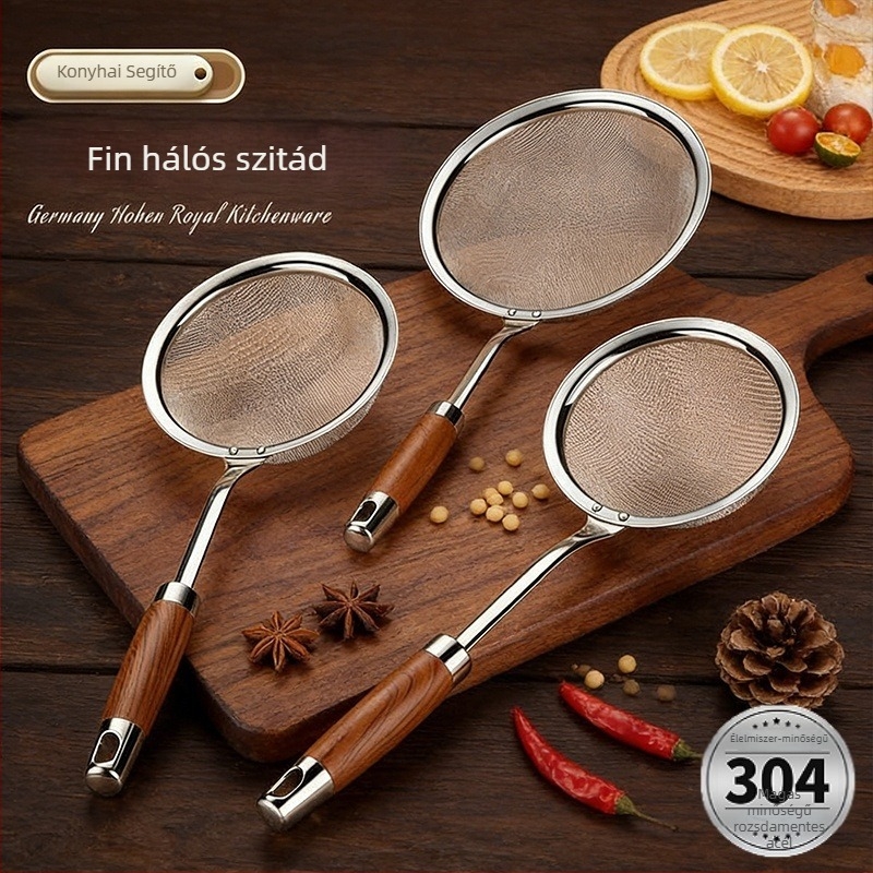 Finom hálós szita edénykanállal, 201 rozsdamentes acélból, csúszásmentes, hőálló, modern minimál stílus, Cai Hui Ying, modell 082-bao