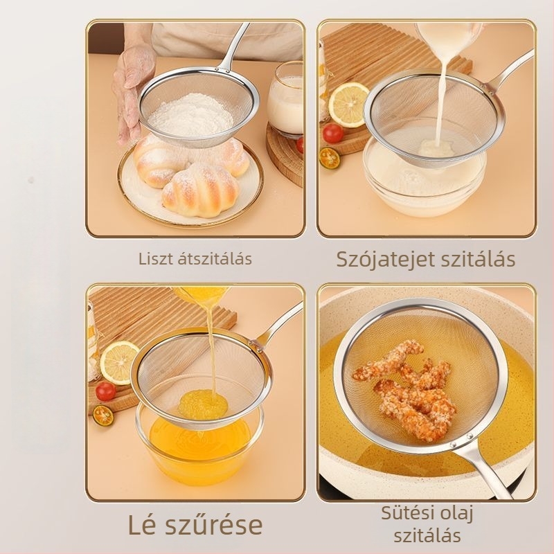 Finom hálós szita edénykanállal, 201 rozsdamentes acélból, csúszásmentes, hőálló, modern minimál stílus, Cai Hui Ying, modell 082-bao