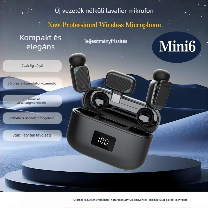 Mini6 omnidirekcionális lavalier mikrofon beépített akkumulátorral, 300–500 mAh, 20 Hz–20 kHz, SNR ≥75 dB, üzemidő 6–8 óra