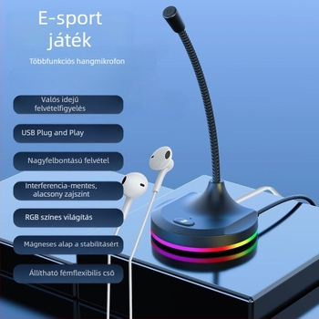 RGB világítású USB mikrofon játékokhoz, élő közvetítéshez, irodai asztalhoz, számítógép-hubhoz, felvételhez és monitorozáshoz