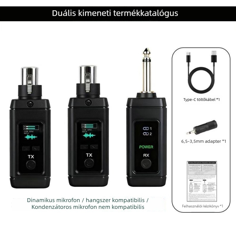Vezetékes mikrofon átalakító vezeték nélküli adó–vevővel, One-to-One/One-to-Two, 2.4G, dinamikus cardioid mikrofon, frekvenciatartomány 60 Hz–15 kHz