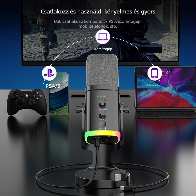 YU8 USB Kondenzátor Mik Mikrofon asztali számítógépekhez — élő közvetítés, felvétel és hangalámondás, kábeles, SNR ≥60 dB