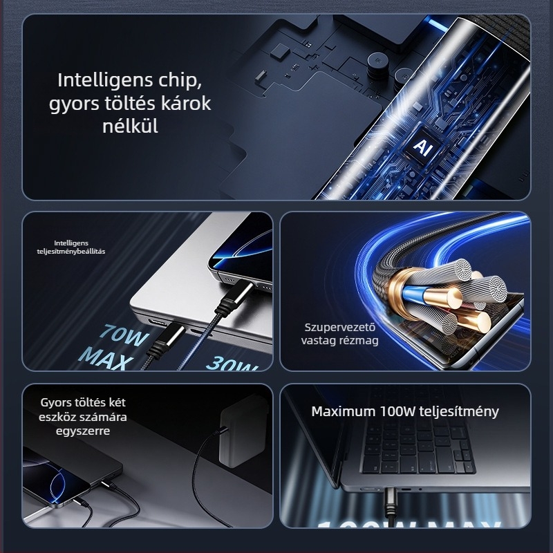 Type-C PD 100W intelligens gyorstöltő kábel X7, kettős eszköz töltéssel és intelligens energiaelosztással Androidos telefonokhoz, laptopokhoz, tabletekhez és power bankokhoz