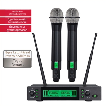 Vezeték nélküli U-band konferenciamikrofon, teljes fém kivitel, osztott típusú kétegység rendszer, 40 Hz–20 kHz frekvenciatartomány, beépített 1000–1200 mAh, üzemidő 6–8 óra, SNR ≥95 dB