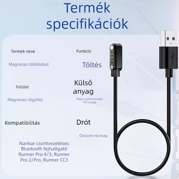 Csontvezetéses Bluetooth fejhallgató töltőkábel mágneses csatlakozóval, kompatibilis Sena, Elephant Nose és NanCard készülékekkel