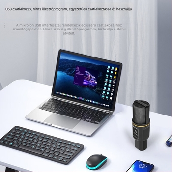 USB kondenzátor mikrofon élő közvetítéshez és karaokehoz Bluetooth 5.3-mal, kardioid felvételi üzemmód, 20 Hz–20 kHz, SNR ≥75 dB, USB interfész, kompatibilis mobil- és számítógépes eszközökkel