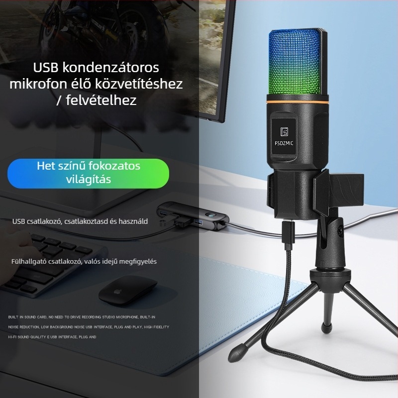 USB kondenzátor mikrofon élő közvetítéshez és karaokehoz Bluetooth 5.3-mal, kardioid felvételi üzemmód, 20 Hz–20 kHz, SNR ≥75 dB, USB interfész, kompatibilis mobil- és számítógépes eszközökkel