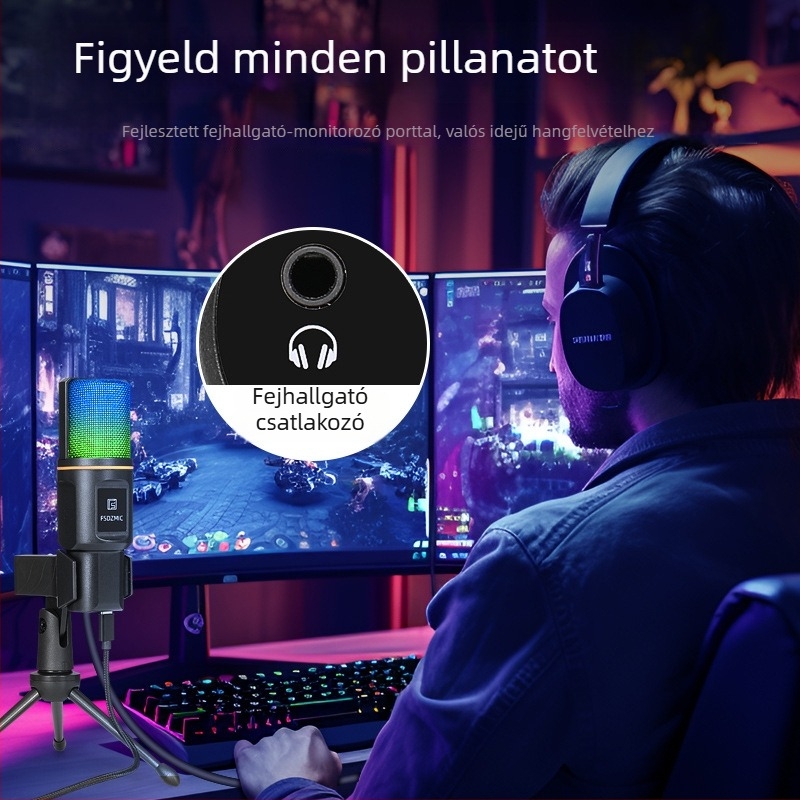 USB kondenzátor mikrofon élő közvetítéshez és karaokehoz Bluetooth 5.3-mal, kardioid felvételi üzemmód, 20 Hz–20 kHz, SNR ≥75 dB, USB interfész, kompatibilis mobil- és számítógépes eszközökkel