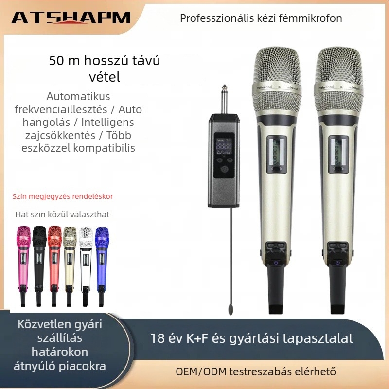 SKM9000 karaoke mikrofon – frekvencia 100 Hz–20 kHz, UHF, teljesítmény 5 W, üzemidő akkumulátor 3–6 óra, kézi használat
