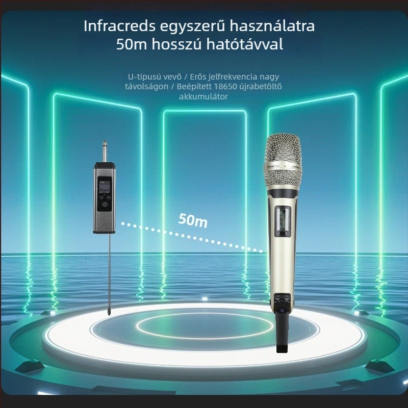 SKM9000 karaoke mikrofon – frekvencia 100 Hz–20 kHz, UHF, teljesítmény 5 W, üzemidő akkumulátor 3–6 óra, kézi használat