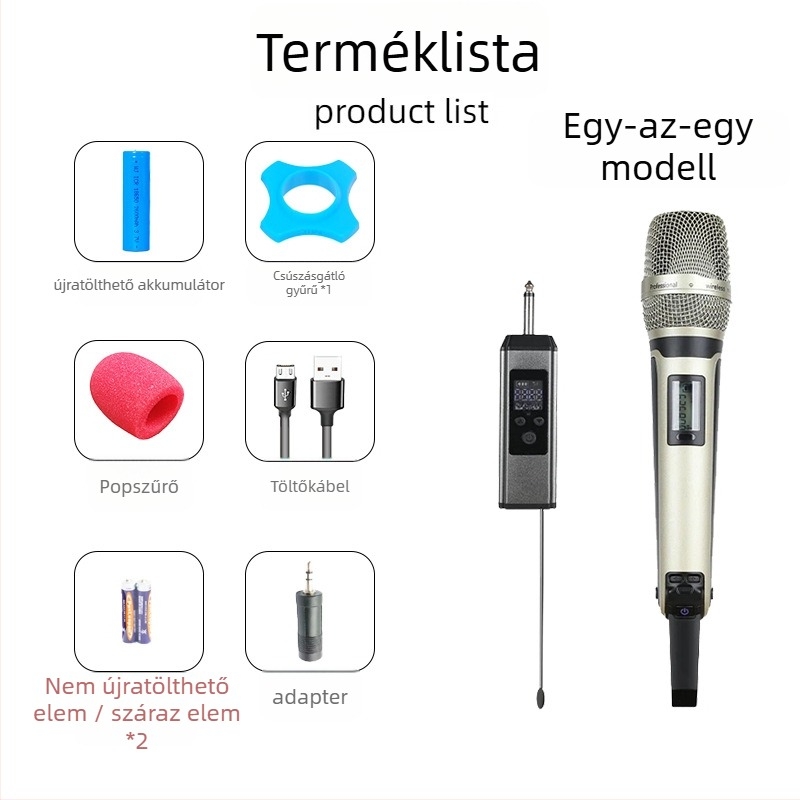 SKM9000 karaoke mikrofon – frekvencia 100 Hz–20 kHz, UHF, teljesítmény 5 W, üzemidő akkumulátor 3–6 óra, kézi használat