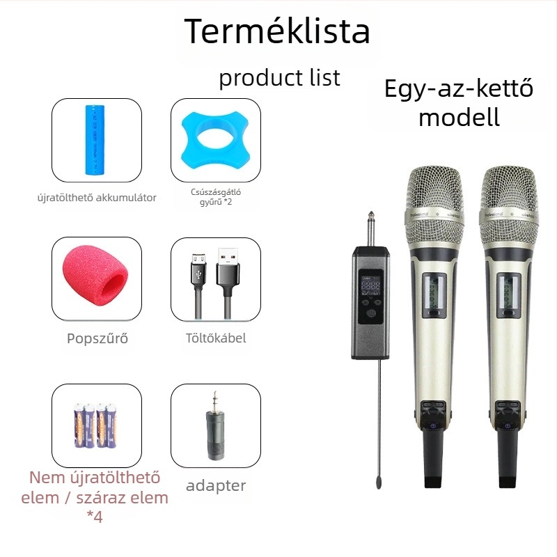 SKM9000 karaoke mikrofon – frekvencia 100 Hz–20 kHz, UHF, teljesítmény 5 W, üzemidő akkumulátor 3–6 óra, kézi használat