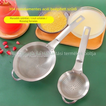Sűrű hálós szűrőkanál, 304 rozsdamentes acélból; szójatej, gyümölcslé, liszt átszitálására, dumplings és noodles; testreszabható; logóval ellátva.