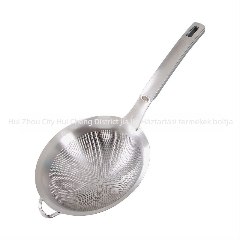 Sűrű hálós szűrőkanál, 304 rozsdamentes acélból; szójatej, gyümölcslé, liszt átszitálására, dumplings és noodles; testreszabható; logóval ellátva.