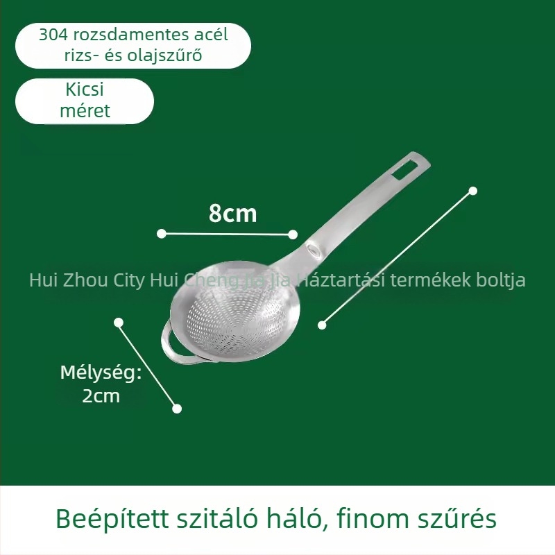 Sűrű hálós szűrőkanál, 304 rozsdamentes acélból; szójatej, gyümölcslé, liszt átszitálására, dumplings és noodles; testreszabható; logóval ellátva.