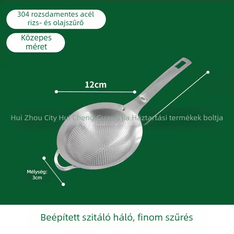 Sűrű hálós szűrőkanál, 304 rozsdamentes acélból; szójatej, gyümölcslé, liszt átszitálására, dumplings és noodles; testreszabható; logóval ellátva.