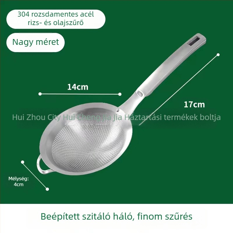 Sűrű hálós szűrőkanál, 304 rozsdamentes acélból; szójatej, gyümölcslé, liszt átszitálására, dumplings és noodles; testreszabható; logóval ellátva.