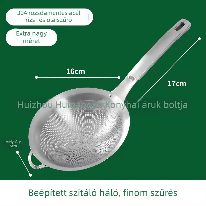 Sűrű hálós szűrőkanál, 304 rozsdamentes acélból; szójatej, gyümölcslé, liszt átszitálására, dumplings és noodles; testreszabható; logóval ellátva.