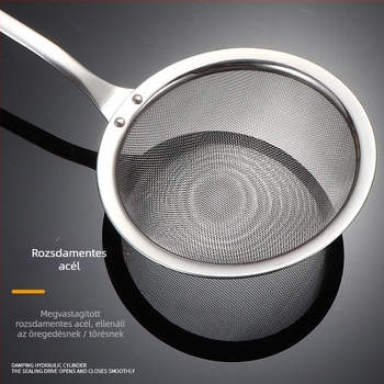 Rozsdamentes acélból készült hálós szűrőkanál konyhai használatra, szűri gyümölcslé üledéket és szójatejet