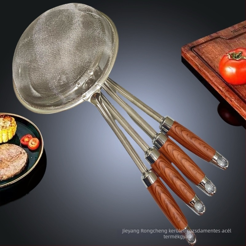 Rozsdamentes acélból készült hálós szűrőkanál konyhai használatra, szűri gyümölcslé üledéket és szójatejet