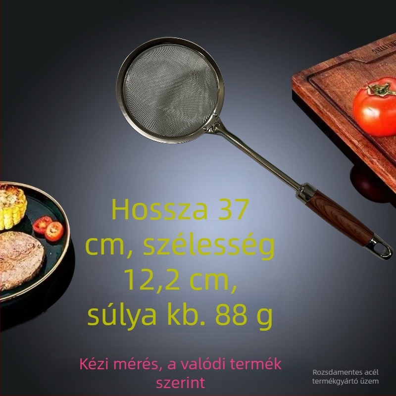 Rozsdamentes acélból készült hálós szűrőkanál konyhai használatra, szűri gyümölcslé üledéket és szójatejet