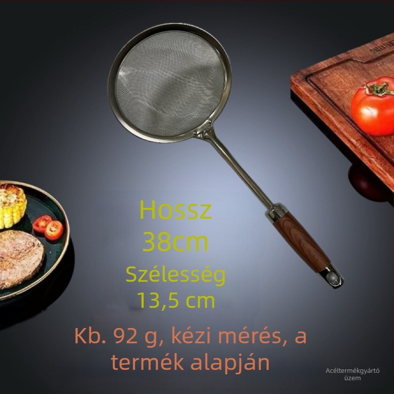 Rozsdamentes acélból készült hálós szűrőkanál konyhai használatra, szűri gyümölcslé üledéket és szójatejet