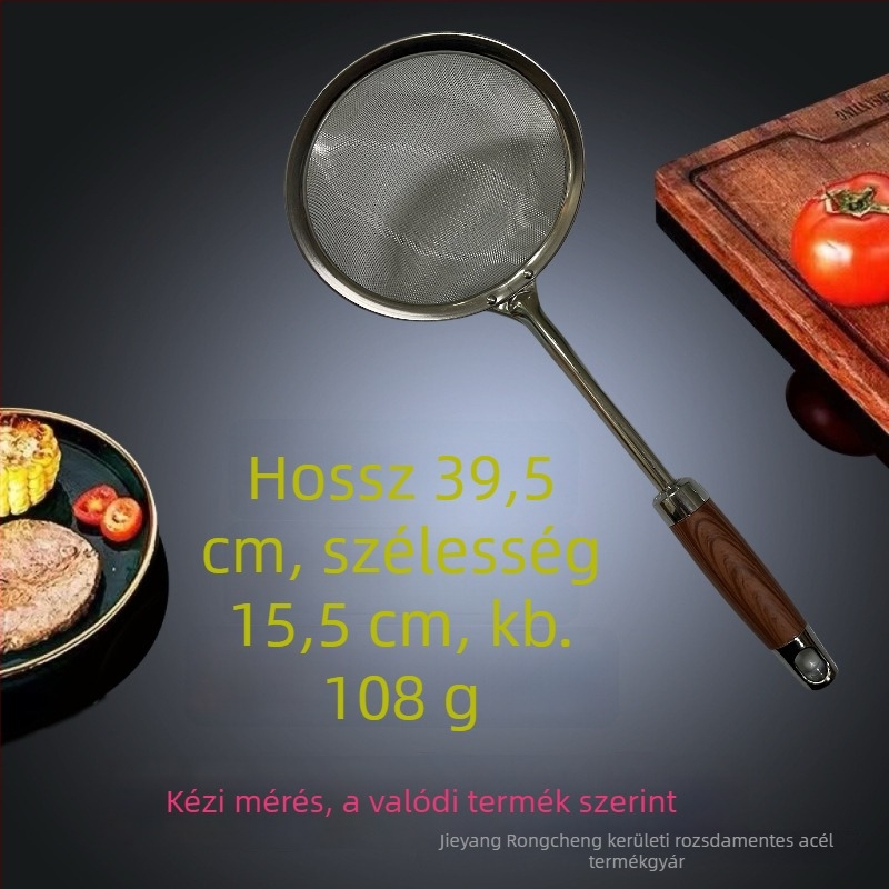 Rozsdamentes acélból készült hálós szűrőkanál konyhai használatra, szűri gyümölcslé üledéket és szójatejet