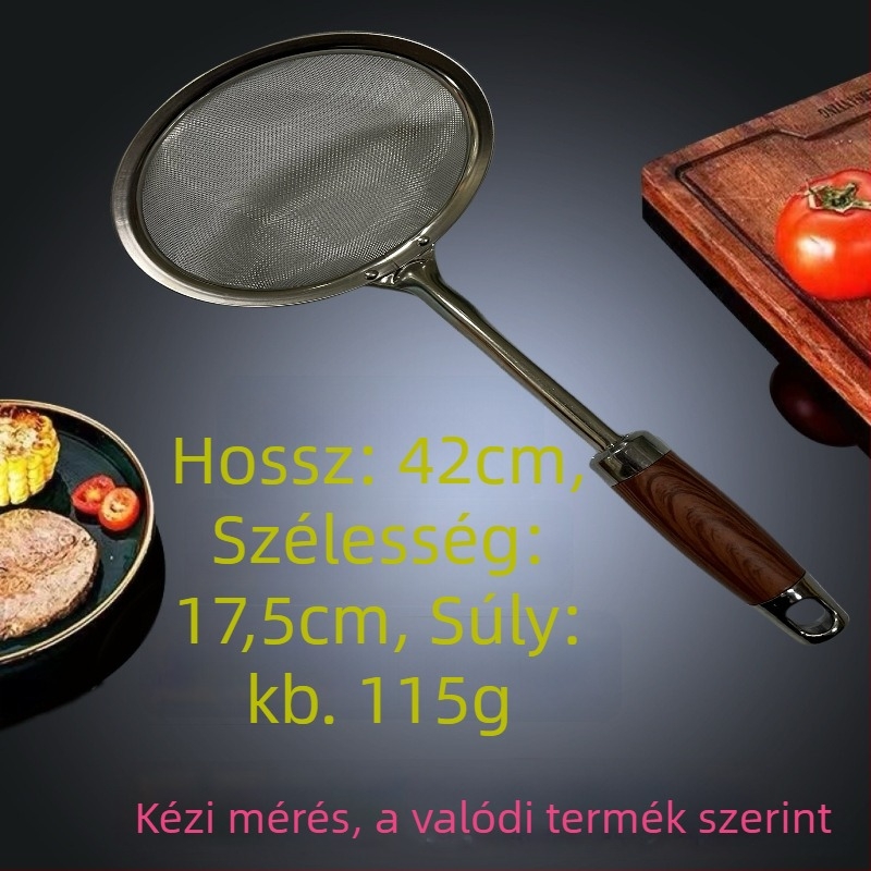 Rozsdamentes acélból készült hálós szűrőkanál konyhai használatra, szűri gyümölcslé üledéket és szójatejet