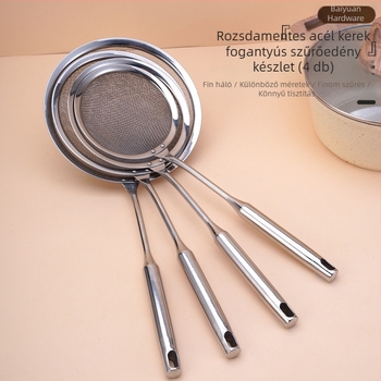 Konyhai szita rozsdamentes acélból, akasztóval és kerek fogantyúval, liszt és olaj szűrésére