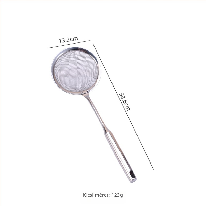 Konyhai szita rozsdamentes acélból, akasztóval és kerek fogantyúval, liszt és olaj szűrésére