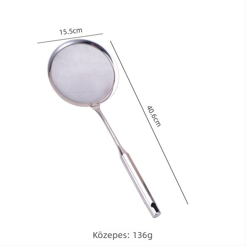 Konyhai szita rozsdamentes acélból, akasztóval és kerek fogantyúval, liszt és olaj szűrésére